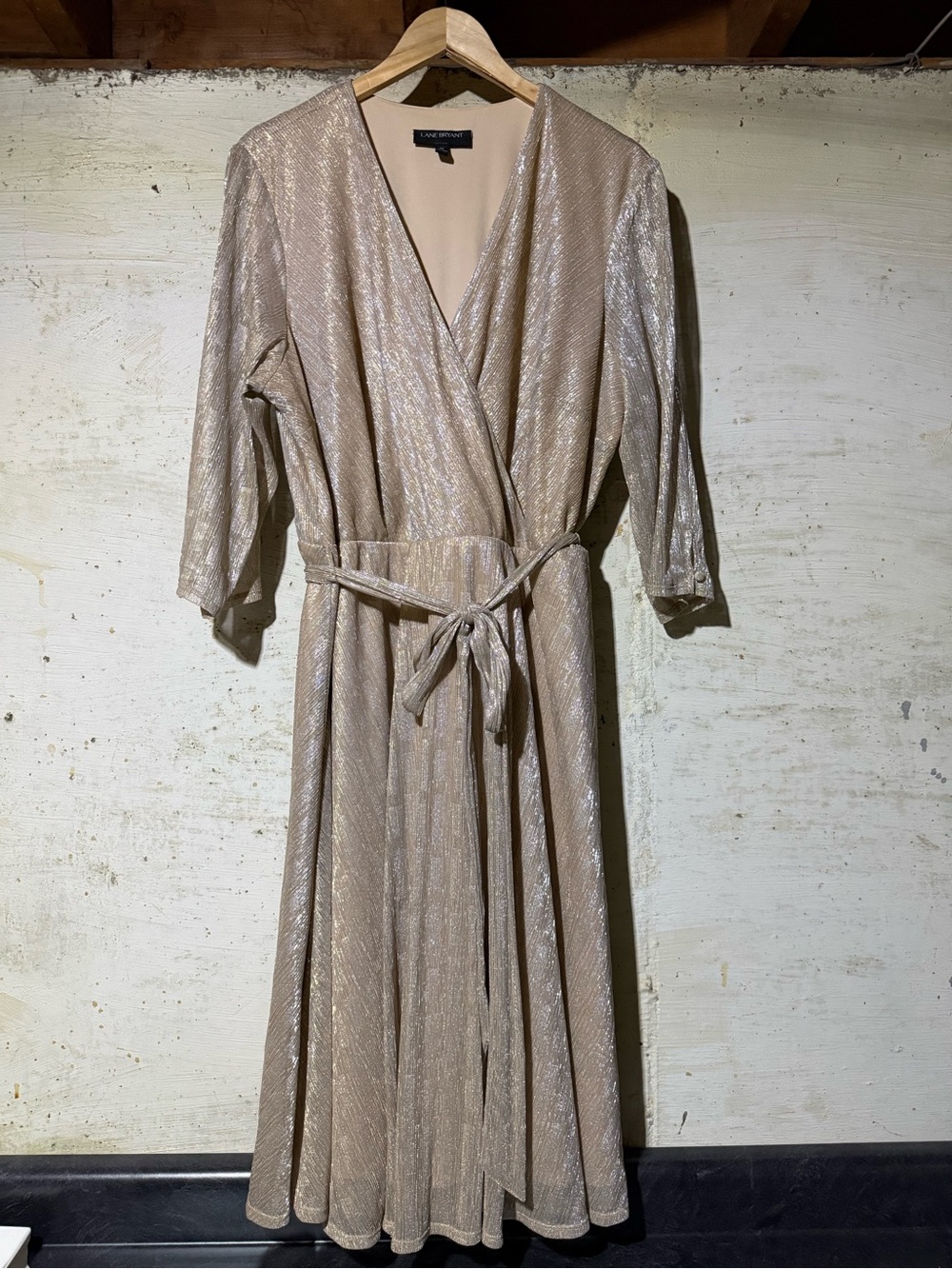 Lane Bryant Gold Silver Metalic Faux Wrap Dress 3/4 Sleeve V Neck NYE Party